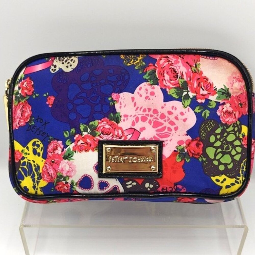 Betsey Johnson Make Up Pouch Bag Blue Pink Florals & Sugar Skulls Whimsigoth